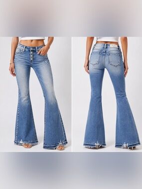 KanCan Signature Size 25 Mid Rise Super Flare Jeans Button Fly Distressed